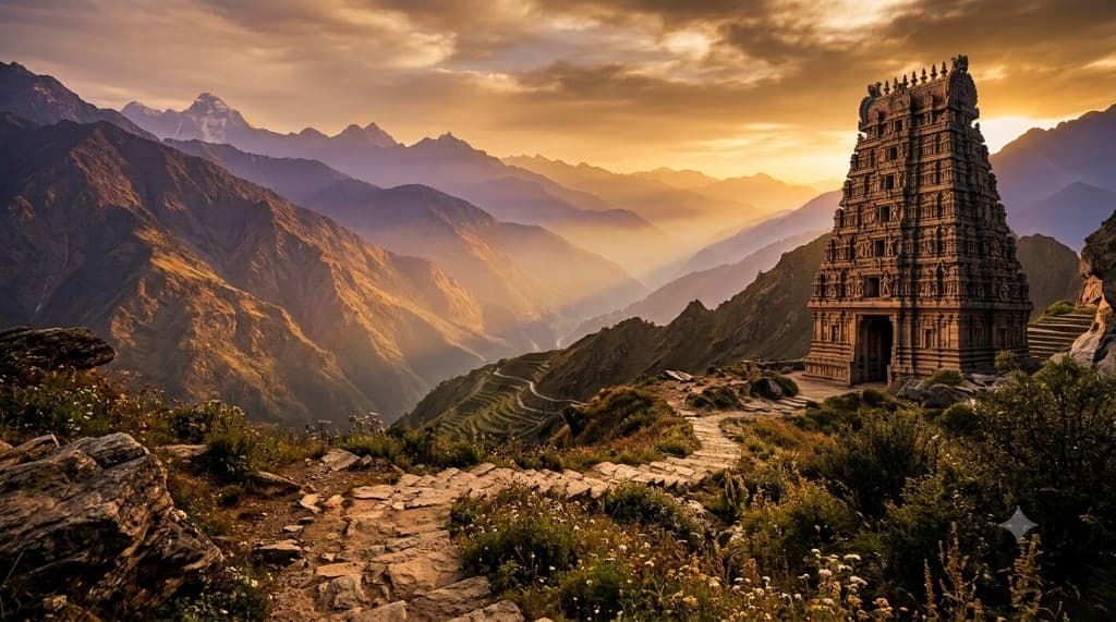 Ancient temple on a cliff overlooking Himalayan peaks at golden hour