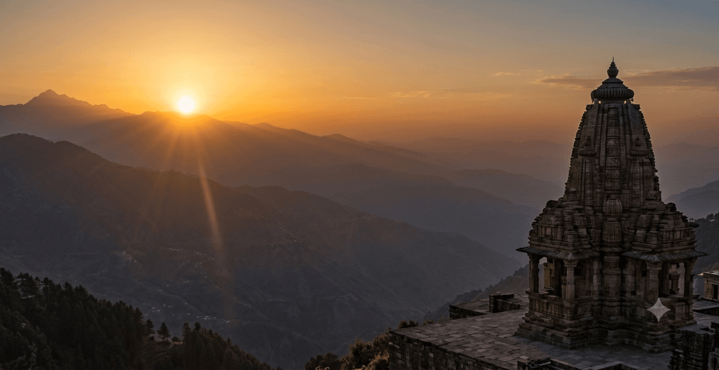 Sacred temple and Himalayan sunrise for Sankalp